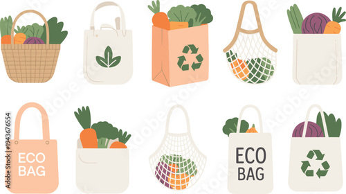 Set of reusable eco shopping bags filled with fresh vegetables, sustainable grocery concept, zero waste lifestyle illustration, plastic free shopping, eco friendly market bags