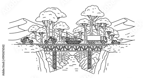 Military convoy crossing a bridge over a river, with trees and mountains in the background