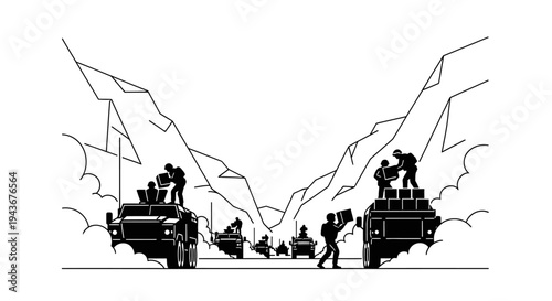 Military convoy in a mountain pass, soldiers loading supplies onto trucks