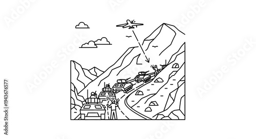 Military convoy in mountain pass under aerial attack by jet fighter, war scene