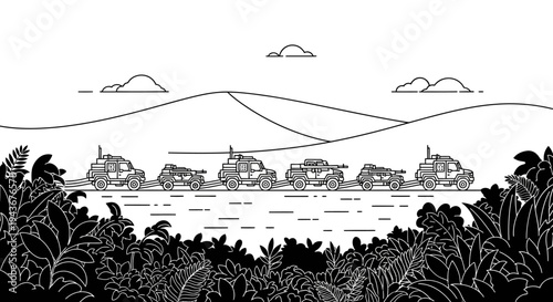 Military Convoy in Jungle Landscape - Black and White Line Art Illustration
