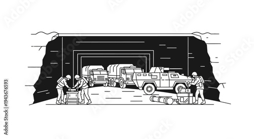 Military convoy in tunnel, soldiers loading cargo, armored vehicle, trucks, logistics, defense