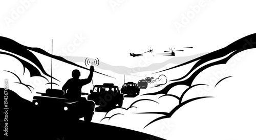 Military convoy moving through a valley with aircraft overhead