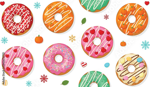 Holiday themed donut collection with Christmas Valentine Halloween and Easter decorations, festive colorful dessert vector illustration set