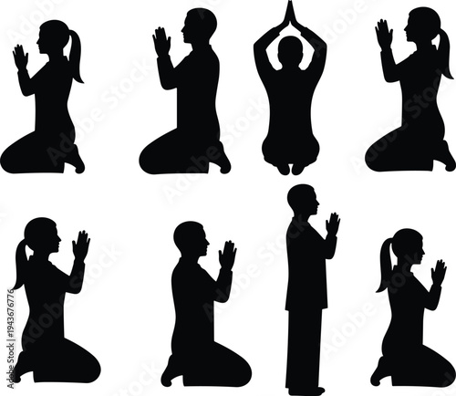 Prayer meditation silhouettes, kneeling worship icons, spiritual posture artwork, yoga meditation design, devotion symbol graphic, religious practice illustration figures