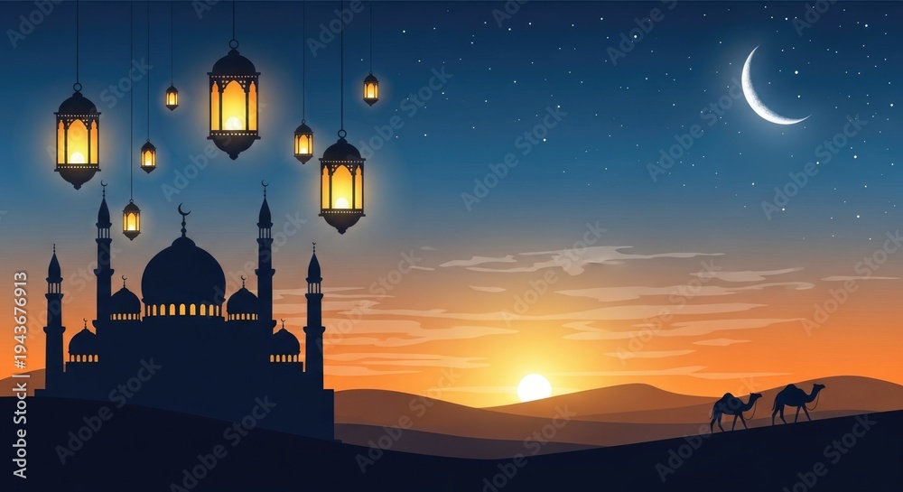 Obraz premium Eid ul adha celebration at sunset with mosque silhouette and crescent moon