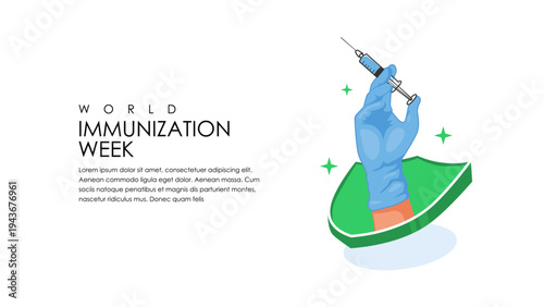 world immunization week background with hand holding vaccine syringe and shield
