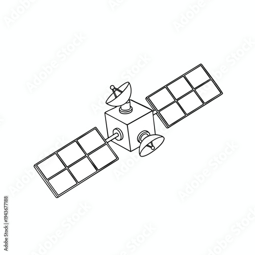 Detailed line drawing of a cube-shaped satellite with solar panels and dish antennas