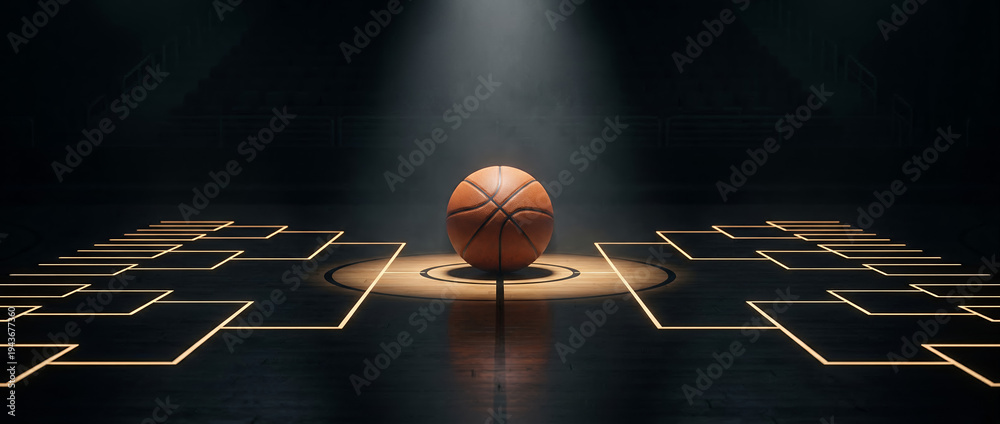 Fototapeta premium Basketball tournament bracket on a dark court floor with a spotlight, championship competition concept background.