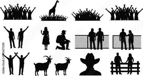 Silhouette people animals icons, celebration crowd artwork, giraffe goat figures, rural life illustration, human posture design, companionship travel graphic symbols