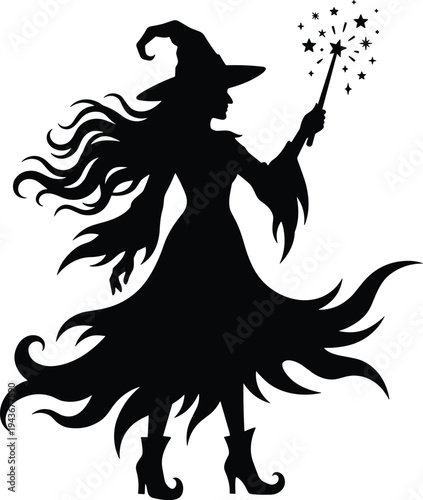 Black silhouette of a magical witch holding a magic wand with stars for Halloween party decor, fantasy storybook and enchantment,