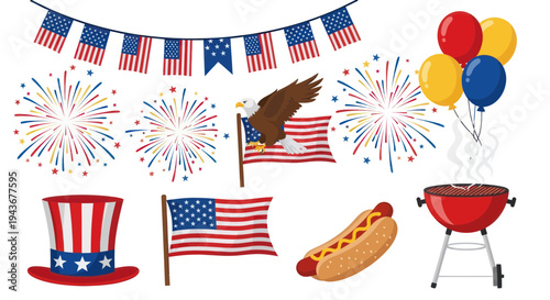 American Independence Day Celebration: BBQ, Fireworks, Eagle, Flags, Balloons, Hat