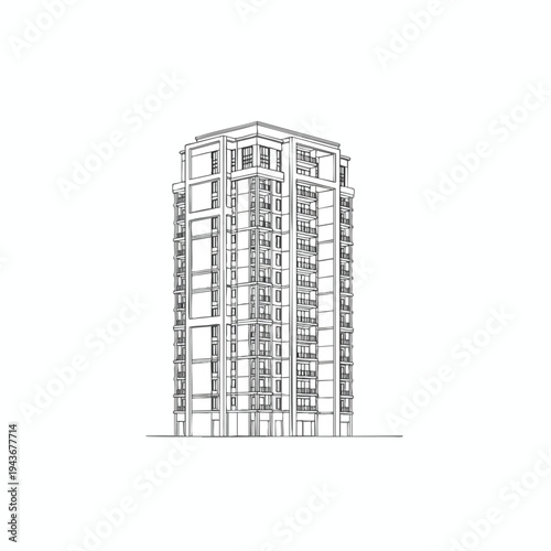 Detailed line drawing of a tall, modern residential building with balconies