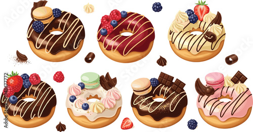 Luxury gourmet donut collection with chocolate glaze berries macarons and cream toppings, premium dessert vector illustration set
