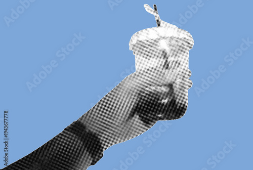 hand holding empty iced coffee latte with straw in plastic cup pixelate grayscale color halftone dotted texture style collage element isolated on blue background