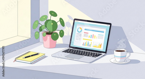 Laptop on desk with coffee notebook and plant by window displaying business charts and graphs on screen