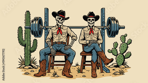Funny Skeleton Cowboys Sitting Near Barbell in Desert Vector Illustration