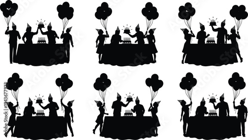 Birthday celebration silhouettes, party people icons, cake candle artwork, festive gathering illustration, balloons hats design, family event graphic, joyful occasion symbol