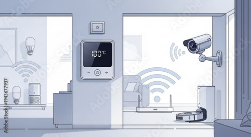 Smart home security system with thermostat robot vacuum and surveillance camera in modern living room with wi fi connectivity