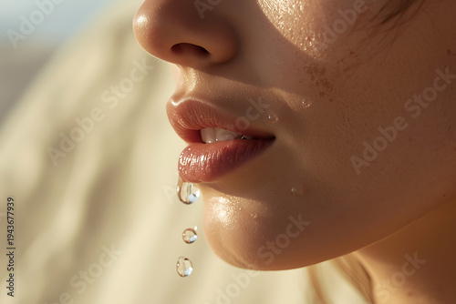 Close-Up of Woman Lips Drinking Water with Droplet Detail, Fresh Hydration and Healthy Beauty Concept in Natural Light.