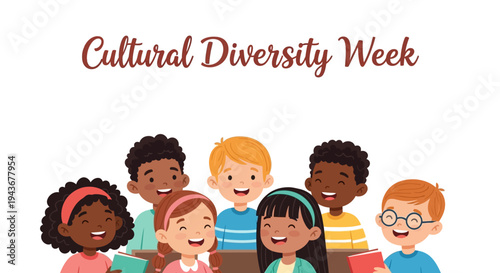 Illustration of diverse children celebrating Cultural Diversity Week with a multicultural community concept against a clean white background.