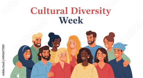 Illustration of a diverse group of people celebrating cultural diversity week with unity and inclusion concept.