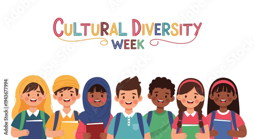 Illustration of diverse children standing together celebrating Cultural Diversity Week with colorful design and text
