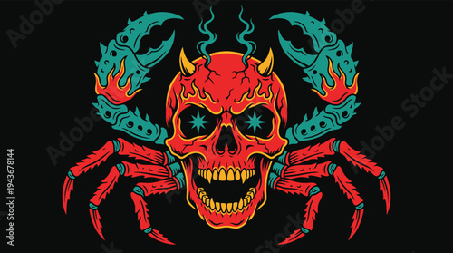 Red Crab Monster with Skull Body and Flames Vector Tattoo Illustration