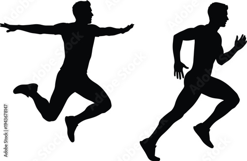 Black silhouette set of a male athlete running and jumping for sports fitness, track and field competition and healthy lifestyle,