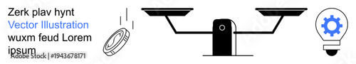 Justice, innovation, decision-making, entrepreneurship, economy, technology. A balance scale, gear in a light bulb and a coin. Justice and innovation concept for fairness and creativity