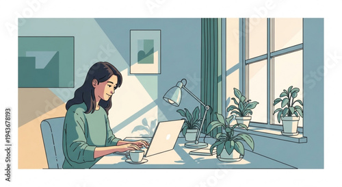 Woman working remotely on laptop at home office desk with plants and natural light from window