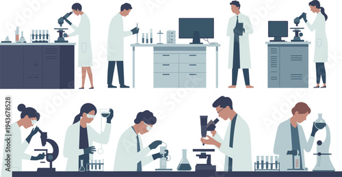 Scientists working in laboratory set with microscope research experiments and medical lab equipment professional science workplace vector illustration
