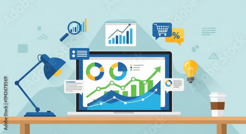 Business analytics on a laptop with graphs and charts on the screen office desk with lamp and coffee cup data analysis and marketing strategy concept