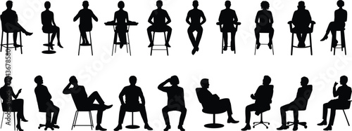 Silhouette illustration of eighteen people seated on chairs and stools, various postures and seating styles, ergonomics, design and human behavior concept