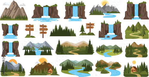 Mountain Landscape and Waterfall Nature Vector Illustration Set with Forest, River, Hiking Trail, Scenic Mountains and Outdoor Adventure Landscape Elements