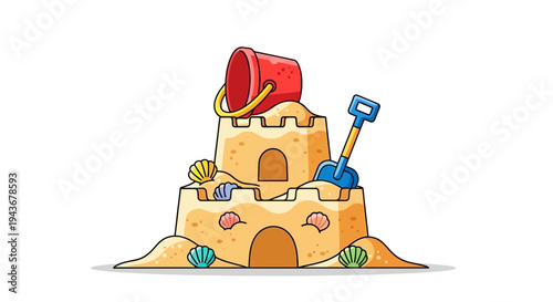 Vector sandcastle icon with bucket and shovel