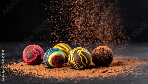 Colorful chocolate truffles dusted with cocoa against a dark background