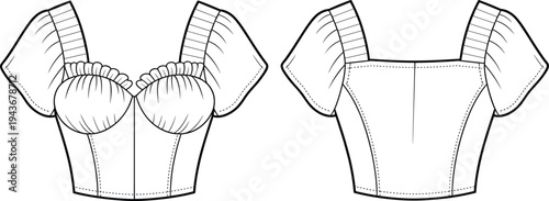 Women puff sleeve blouse fashion technical drawing with front and back view clothing design template vector illustration