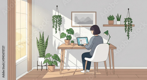Woman working from home on laptop surrounded by plants in modern room with natural light