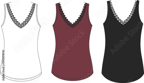Women sleeveless lace neckline top fashion technical drawing with color variations clothing design template vector illustration