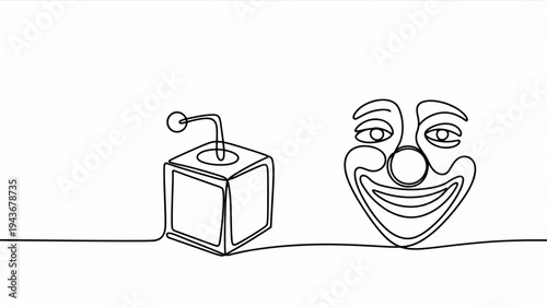Jack in the box with smiling face emerging playful surprise concept simple line drawing