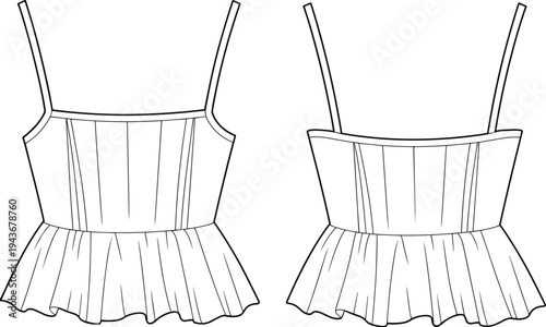 Women sleeveless ruffle top front and back view, fashion technical drawing, summer clothing garment outline, apparel design template vector illustration