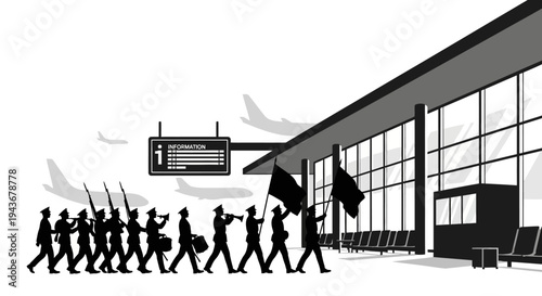 Military Marching Band Arrives at Modern Airport Terminal with Airplanes