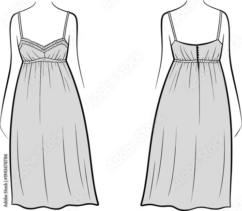 Women sleeveless midi dress front and back view, fashion technical drawing with lace bodice, elegant summer garment outline vector illustration