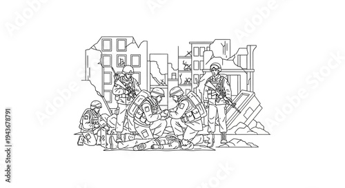 Military medics provide aid to wounded soldier amidst urban combat destruction