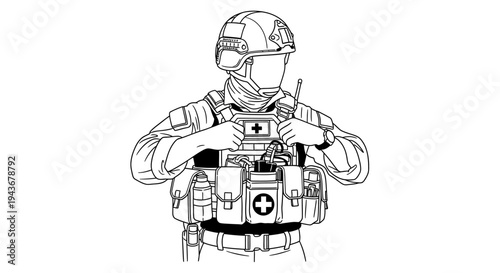 Military medic in tactical gear with medical cross symbols, preparing for action