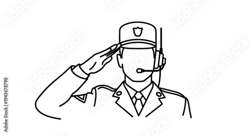 Military officer saluting with headset, professional communication and service concept