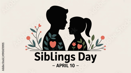 Siblings day celebration with heart symbols on sibling silhouettes and flowers on beige background