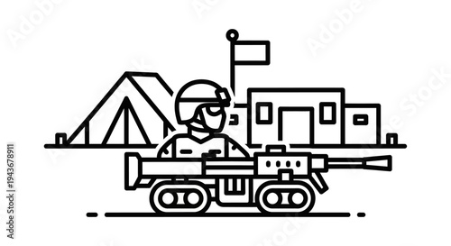 Military Soldier with Weapon and Base Camp Icon