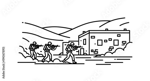 Military Soldiers Advancing with Rifles Towards Building in Desert Landscape